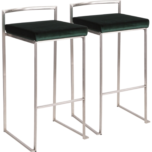 Fuji Stackable 31" Bar Stool in Green Velvet & Stainless Steel (Set of 2)